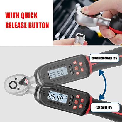 VANPO 1/4 Inch Digital Torque Wrench, 1.1-22.1 Ft-lbs/1.5-30Nm, with Preset Values, 2% Accuracy, Buzzer and LED Notification, Small Electronic Torque Wrench for Bicycles | 1.5-30 N.m Electronic Torque Wrench Set with Preset Values, 2% Accuracy, Buzzer and
