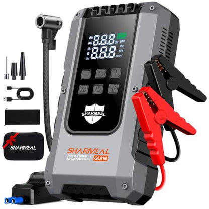 6000A Jump Starter with Air Compressor 160PSI 12V for All Gas/10L Diesel | Portable Car Battery Fast Charge Jump Starter, Jump Box with 3 Modes Flashlight and Jumper Cables Pack with Carries Case