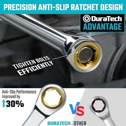 DURATECH Extra Long Anti-Slip Ratcheting Wrench Set, Double Box End Wrench Set, 9-Piece, Metric, 10, 12, 13, 14, 15, 16, 17, 18, 19mm, CR-V Steel, with Rolling Pouch - size: 10-19mm