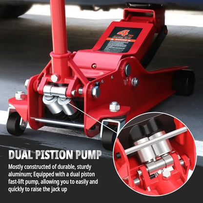 PM PERFORMOTOR Low Profile Hydraulic Trolley Service/Floor Jack, 4 Ton (8000 lbs) Capacity, Lifting Range 4.5"-20", Red, PM-TOL-FJ40-RD - color: Red