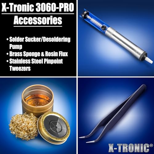 X-Tronic 3060-PRO • 75W Soldering Iron Station Kit • 5 Extra Tips • Mini Mag Lamp • 4 Helping Hands • Solder Sucker • Tweezers • 50g Solder • Brass Sponge w/Flux • Sleep Func, °C/°F, 3 Temp Presets! - style: PRO - w/5 Solder Tips & All Accessories