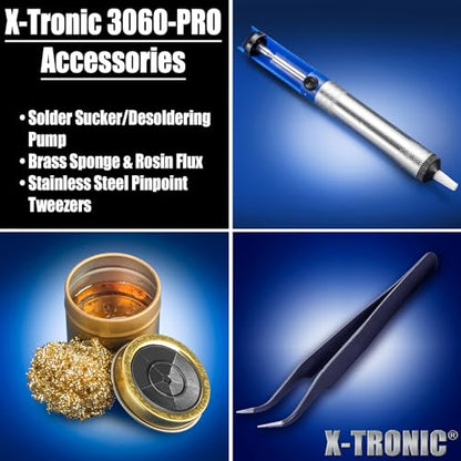 X-Tronic 3060-PRO • 75W Soldering Iron Station Kit • 5 Extra Tips • Mini Mag Lamp • 4 Helping Hands • Solder Sucker • Tweezers • 50g Solder • Brass Sponge w/Flux • Sleep Func, °C/°F, 3 Temp Presets! - style: PRO - w/5 Solder Tips & All Accessories