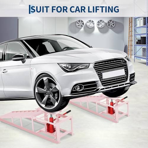 Hydraulic Car Ramps 2 Pack, 11000 LBS/5 Ton Heavy Duty Steel Auto Service Ramps, 9.4"-13.34" Adjustable Lift Height for Low Profile Vehicles, Trucks, SUVs, Garage Repair & Oil Changes, Pink - color: Pink