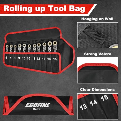 Egofine Flex Head Ratcheting Wrench Set 11 Piece, Metric Wrench Set, CR-V Steel 6-15mm Wrench, 72-Teeth Combination wrench set, Nickel Plating Ratchet Wrenches Set with Tool Roll Bag - style: Metric-11 piece set
