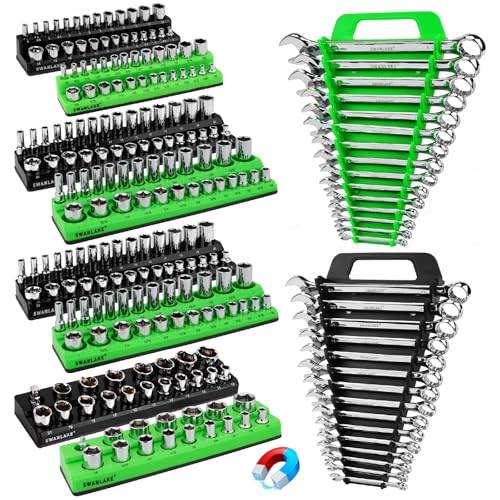 10-Piece Magnetic Socket and Wrench Organizer Set, 1/4", 3/8", 1/2" Drive Metric SAE Socket Organizer, Magnetic Wrench Holder 30 Slots Total, Tool Box Organizers (Sockets Wrenches not Included) - style: 10PCS Organizer Set