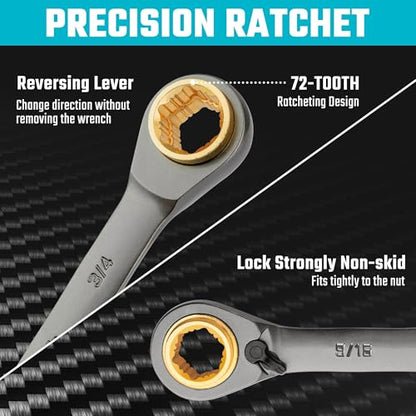 DURATECH 4-in-1 Anti-Slip Reversible Ratcheting Box Wrench Set, SAE | Double Box End, 2-Piece, 5/16", 3/8", 7/16", 1/2" & 9/16", 5/8", 11/16", 3/4", CR-V Steel, Nickel Plated, Rolling Pouch - style: Anti-slip & SAE