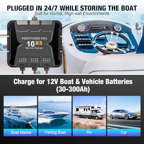 Upgraded 3 Bank Marine Battery Charger 10X3, 30A (10A/Bank) - 12V Waterproof Onboard Battery Charger, Battery Maintainer & Desulfator for SLA/AGM, Lithium (LiFePO4), Calcium & Deep-Cycle Battery - size: 3 Bank(30A)