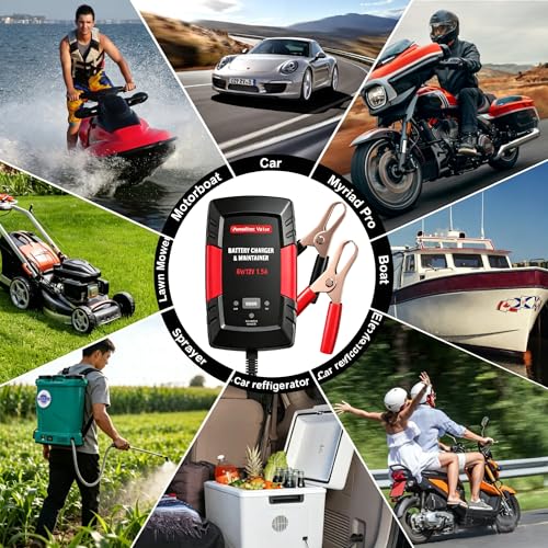 Smart Car Battery Charger,1.5A 6V/12V Maintainer,Automatic Tender Trickle Charger with Memory Function,LED Light,12FT Cables for Vehicle Lead-Acid & Lithium Batteries (Red) - color: Red