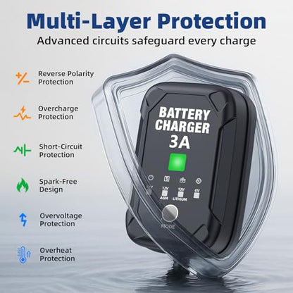 3A 6V/12V Car Battery Charger – Smart Trickle Charger, Battery Maintainer & Desulfator with Overcharge Protection & Temperature Compensation – for Lead Acid, AGM, Gel, Lithium Batteries - size: 3A