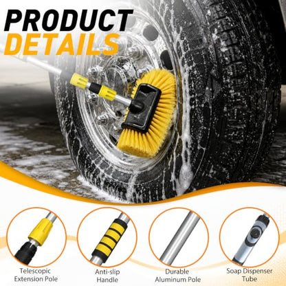 SISUPASSIE 12FT Car Wash Brush with Long Handle, Telescopic Car Wash Brush with Soap Dispenser, 12-Inch Soft Bristle Car Cleaning Brush for Cleaning Car, RV, Truck, Boat, Solar Panels, Yellow