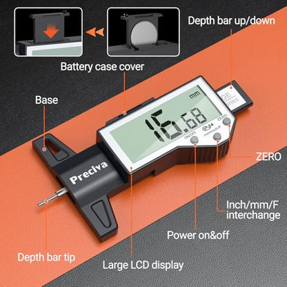 Preciva Tire Tread Depth Gauge & Brake Lining Gauge Set, Digital Tire Depth Gauge with Large LCD Display and Inches, Millimeters, Fraction Conversion, for Tread Depth, Brake Shoe and Pad Wear - color: Silver