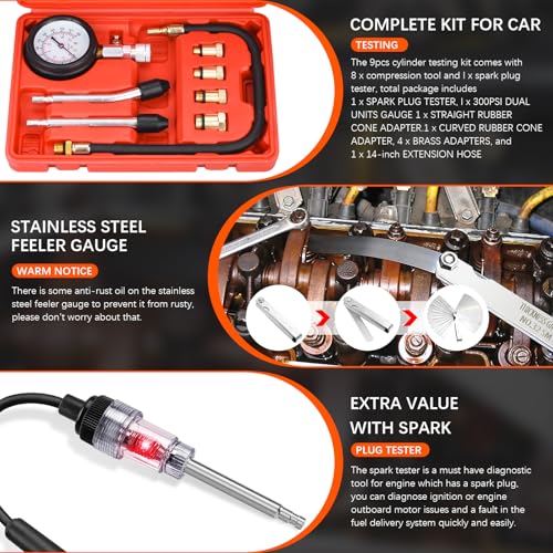 10 Pieces Engine Compression Tester kit with Spark Plug Tester and Metric Imperial Feeler Gauge for Automotives Car Motorcycle Truck with M10 M12 M14 M18 Adapters ﻿