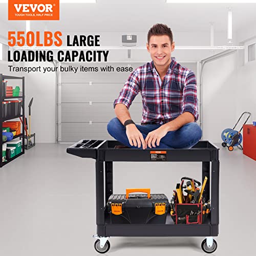 VEVOR Utility Service Cart 2 Shelf 550 lbs Heavy Duty Plastic Rolling Cart | Heavy Duty Utility Cart with 360° Swivel Wheels, Large Lipped Shelf, Ergonomic Storage Handle for Warehouse/Garage/Cleaning - size: 25.59"D x 45.67"W x 33.46"H