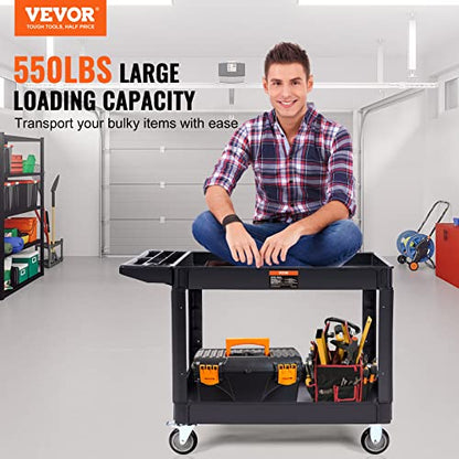 VEVOR Utility Service Cart 2 Shelf 550 lbs Heavy Duty Plastic Rolling Cart | Heavy Duty Utility Cart with 360° Swivel Wheels, Large Lipped Shelf, Ergonomic Storage Handle for Warehouse/Garage/Cleaning - size: 25.59"D x 45.67"W x 33.46"H
