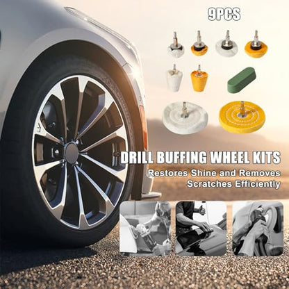 Drill Buffing Wheel Kits 9pcs, Polishing Wheel with Green Compound, High Density Polisher Buffing Wheels for Metal, Jewelry, Car, Aluminum, DIY Buffing & Finishing - size: 9PCS