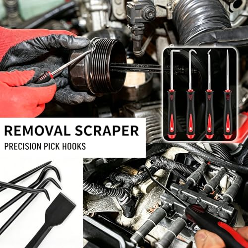 DWH 18 Pcs Precision Pick and Hooks Set, Auto Body Tool Kit with Scraper Telescoping Magnetic Pickup Tool Panel Clip Plier Fastener Remover, Metal Plastic Trim Tools, Automotive Mechanic Bag - color: red