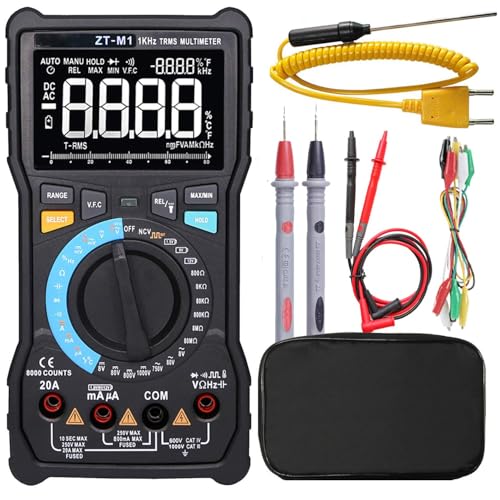 Auto Ranging Digital Multimeter TRMS 6000 with Battery Alligator Clips Test Leads AC/DC Voltage/Account,Voltage Alert, Amp/Ohm/Volt Multi Tester/Diode (ZT-M1) - color: ET826