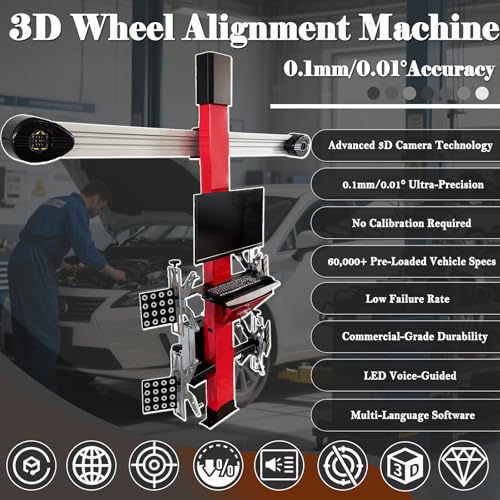 3D Wheel Alignment Machine with Auto Tracking High Precision 0.1mm/0.01° Accuracy for Cars & Trucks, 60,000+ Vehicle Database, Smart Voice Guidance, No Calibration Needed 110V