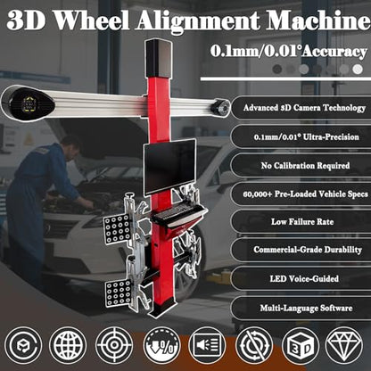 3D Wheel Alignment Machine with Auto Tracking High Precision 0.1mm/0.01° Accuracy for Cars & Trucks, 60,000+ Vehicle Database, Smart Voice Guidance, No Calibration Needed 110V