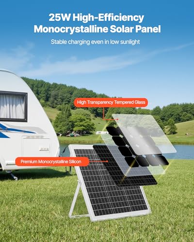 VEVOR 25W 12V Solar Panel Battery Charger, Solar Battery Trickle Charger Maintainer with Intelligent MPPT Controller & Adjustable Mount Bracket, IP67 Waterproof for Car Boat RV Motorcycle Trailer - style: 25W