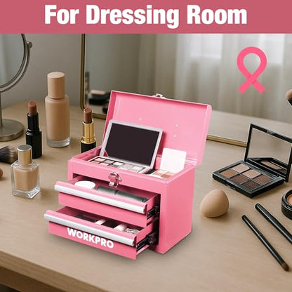WORKPRO Portable Mini Tool Box, 2 Drawers Metal Tool Chest with Ball Bearing Slides, Top Storage with Latch, Ergonomic Carrying Handle, Toolbox with PVC Liners and PP Feet Pads - Pink Ribbon - color: Pink