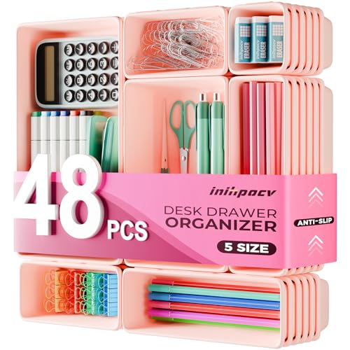 [ 48PCS & 5 Sizes ] Tool Box Organizer Tray, Toolbox Drawer Organizer with Non-Slip Pads, Desk Drawer Divider Set, for Vanity, Desk, Bathroom, Kitchen, Dresser and Home Office Drawers - color: 48PCS PINK(5 size)