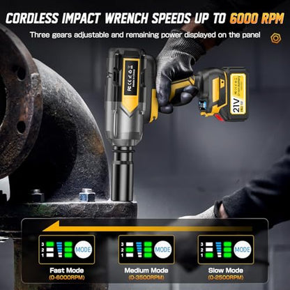 Cordless Impact Wrench 1200 N.m (900Ft-lbs), 1/2 inch Brushless Impact Gun with 2 x 4,0 AH Battery, 5 Sockets & Storage Case, 1 Converter 3/4", 1 Extension, 3 Rubber Rings, for Car/Truck/Home