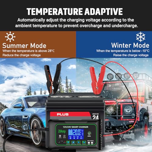 20 Amp Smart Battery Charger, 12V/20A and 24V/10A Car Battery Charger, Trickle & Maintainer Pulse Repair for Lithium, Lifepo4, Lead-Acid (AGM/Gel/SLA), Boat, Motorcycle, Golf Cart, Tractors - color: 20A-green