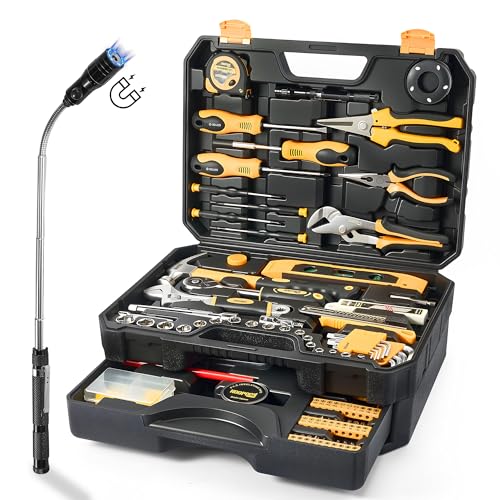 Tool Kit for Home, Basic Tool Set with Magnetic Pickup Tool | For general household and auto repair with storage case and drawer, for homeowners, diy projects, and handyman mechanics - color: Three-layer