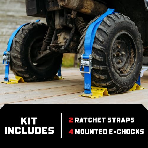 Erickson 09160 ATV Wheel Chock & Tie Down Strap Kit | Mounted Double-Slotted E Track, 2 in x 7.5 ft Ratchet Straps - Fits Tires Up To 32 in - Secures UTV, ATV, SxS, Mower & More - style: 2in x 7.5ft - Double Slotted E-fitting