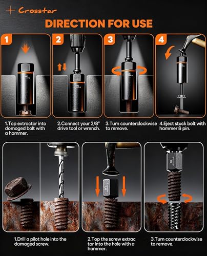 Crosstar 25PCS Bolt Extractor Kit, 3/8" Drive Screw & Nut Remover Set, Deep Socket for Stripped, Rusted, Broken Bolts, Includes Adapter, Extension Bar, Knockout Pin - size: Pro 25Pcs Set