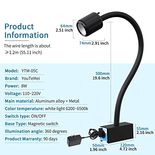 Magnetic Work Light,8W Lathe Machine Light with 12T Magnetic Base,Led Work Light for Lathe Machine/Drill Press - size: 8W Work Light + 12T Magnetic Base
