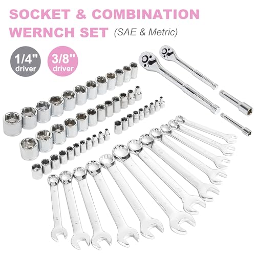 FASTPRO 225-Piece Pink Tool Set, SAE & Metric Mechanics Hand Tool Set with Toolbox, Home/Auto Repairing Tool Kit for DIY, Home Maintenance and Car Repairing