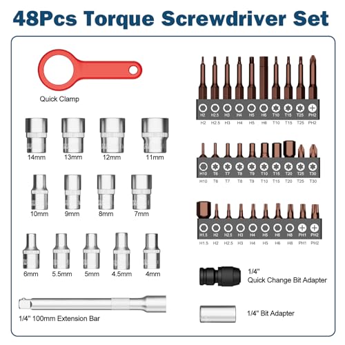 VANPO 49-Pc Torque Screwdriver & Wrench Set, 10-70In-lb & 1-12Nm Dual Range | with S2 Steel Bits & Sockets, for MTB Carbon Bikes, Firearm Optics, Scope Mounting & Professional DIY Repairs - size: 10-70 inlb