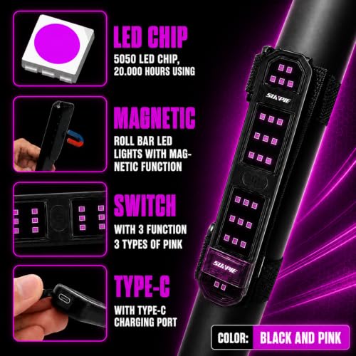 SUNPIE Pink Dome Lights Universal Interior Lights for Roll Bar w/Magnet Compatible with Polaris Can am Honda Pioneer/Talon Kawasaki Mule/Terxy Arctic Cat Jeep Wrangle All Model, w/28 LED - color: 1 PC of Pink