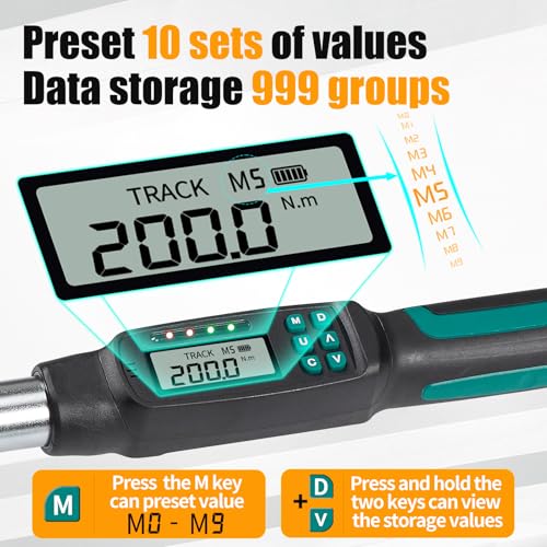 1/2" Digital Torque Wrench 4.4-147.5 ft-lb/6-200 Nm, ±2% Accuracy, LED & Buzzer Alerts, 4 Units, Industrial CR-V Steel, Calibration Report & Protective Case for Car, Motorcycle, Bike Repair - size: 1/2", 4.4-147.5 ft-lb (6-200 Nm)