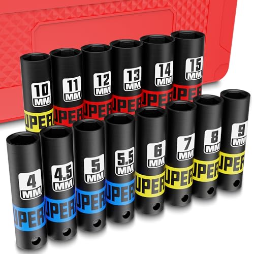 14 Piece 1/4" Drive Impact Socket Set, 4 mm - 15 mm Deep Socket, Metric, 6 Point, CR-V, Auto Repair Bicycle Maintenance and Furniture Assembly - size: 1/4" Deep Metric
