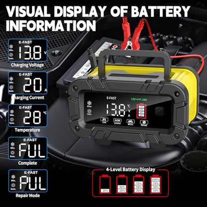 E-FAST 20A Smart Car Battery Charger, 12V 24V Maintainer & Desulfator - Compatible with LiFePO4 Lithium, AGM, Gel, SLA, Deep Cycle - High-Power Trickle Charger for Car, Truck, RV, Boat, Marine