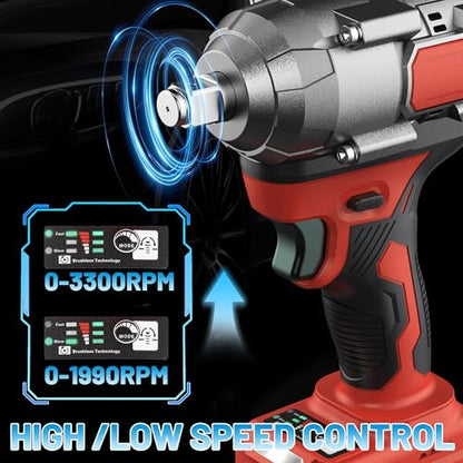 MGYM Cordless Impact Wrench 500Nm, 1/2inch Impact Wrench Gun Driver(Red) | High Torque Electric Tool Set with 2x4.0 Batteries, 6 Sockets, 8 Drill Bits, 6 Driver Bits, Drill Adapter for Home Car, DIY