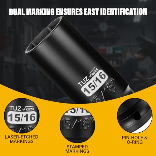 1/2 Inch Drive 15/16 Inch Deep SAE 6 Point CR-MO Impact Socket | Radius Corner Design,Square Chamfered Opening,Axle Nut Impact Grade Socket for Easy Removal - size: 1/2” Drive 15/16 Deep, style: 1/2" Drive Deep Socket