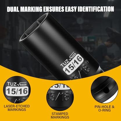 1/2 Inch Drive 15/16 Inch Deep SAE 6 Point CR-MO Impact Socket | Radius Corner Design,Square Chamfered Opening,Axle Nut Impact Grade Socket for Easy Removal - size: 1/2” Drive 15/16 Deep, style: 1/2" Drive Deep Socket