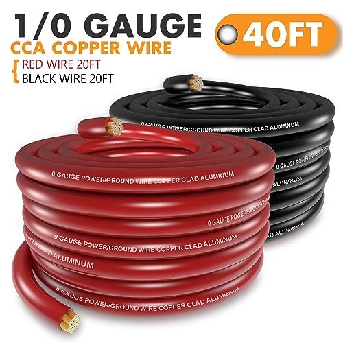 Jeemiter 1/0 Gauge CCA Wire Battery Cable Copper Clad Aluminum 40ft Red/Black for Car Amplifier Power Ground,Audio Speaker,Winch,Solar,RV,Truck with 250A ANL Fuse Holder,Lug Terminals,Heat Shrink Tube - size: 40FT Wire + ANL Fuse