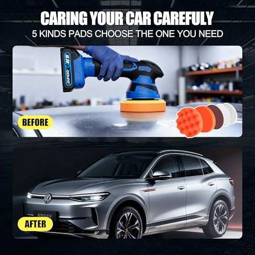Cordless Car Buffer Polisher, 2x2Ah 21V Batteries 6'' Car buffer Waxer Kit, 6 Variable Speed 5500RPM Orbital Polisher, 5 Kinds Pads Polisher for Car Detailing, Boat Sanding, Scratch Removing