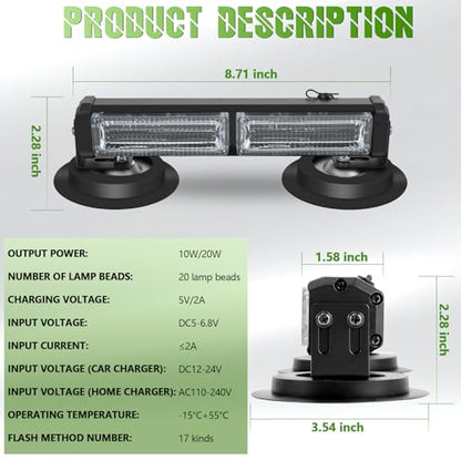 20LED Mini LED Emergency Strobe Lights Bar, Battery Powered Wireless Rooftop Magnetic Beacon Warning Light, with 12V Rechargeable Plug Safety for Trucks, Vehicles and Snowplow (Amber White)