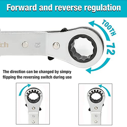 DURATECH 5 Pc Double Offset Box End Reversible Ratcheting Wrench Set Metric, Heavy-duty, Matte Chrome Plated, Ratchet Spanner Crooked for Narrow Spaces (6x8 mm, 10x12 mm, 13x14 mm, 15x17 mm, 19x21 mm) - size: Metric
