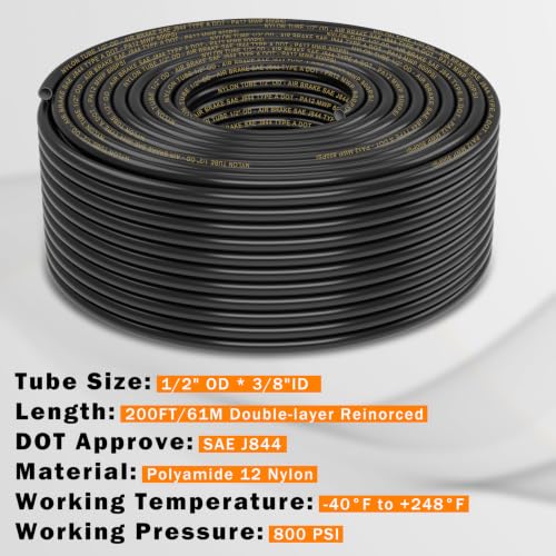 CheeMuii 200 FT 1/2" Double Layer DOT Air Line with Heavy Duty Tube Cutter Kit PA12 Nylon 1/2 Pneumatic Tubing SAE J844 DOT Air Hose 61 Meter 1/2 Inch OD Air Tubing Pipe Hose Line - size: 1/2"OD-200FT-Double Layer