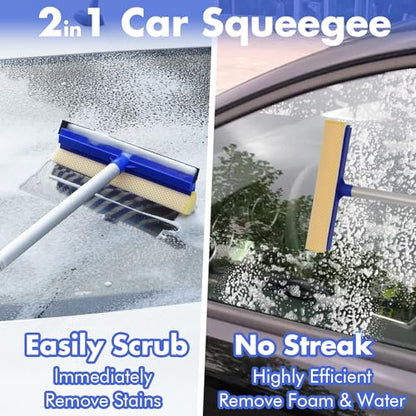 62'' Car Wash Brush with Long Handle, Scratch-Free Car Wash Mop Kit with Car Wash Bucket, Wheel Tire Brush, Wash Mitt Towel, Windshield Squeegee, Car Cleaning Brush Kit for Cars RV Truck Boat