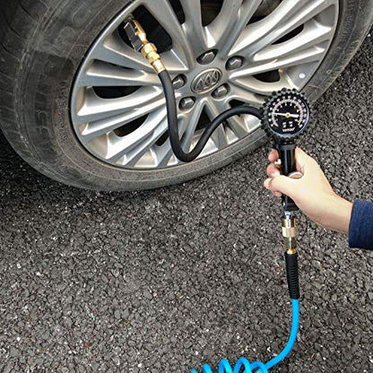 YOTOO Recoil Air Hose Kit with Tire Inflator Gauge, 1/4" Industrial Quick Coupler and Plug for tire infaltion and air Tools