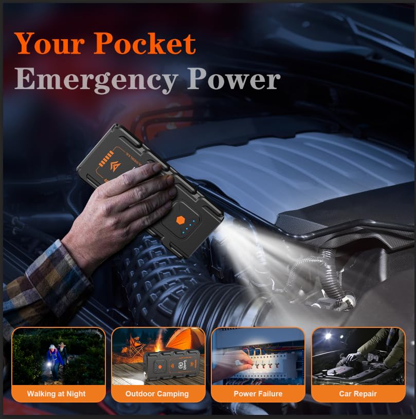Compact 2000A Car Jump Starter, Ultra-Portable & Beginner-Safe Battery Booster for Up to 7.0L Gas / 6.5L Diesel, Lightweight 12V Jump Box with USB Fast Charge & LED Emergency Light - style: G21C