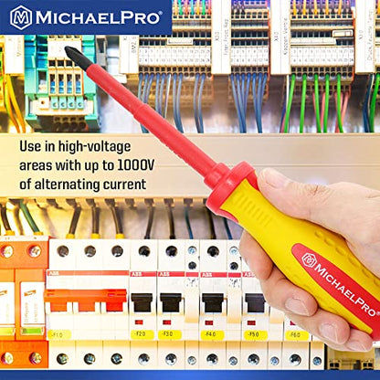 MichaelPro 2-Piece 1000V VDE Insulated Screwdriver Set, Electrician Tools, Slotted and Phillips Screwdrivers with Magnetic Tips, CR-MO Steel, 10,000V Tested and Certified for Electrician Safety - size: 2-Piece Phillips and Slotted Screwdrivers
